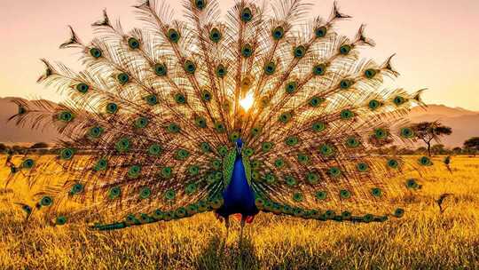 夕阳下开屏的孔雀