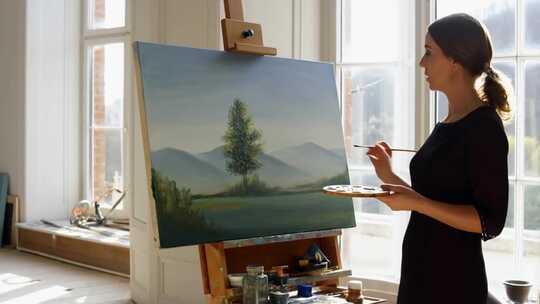 女性画家室内专注绘画