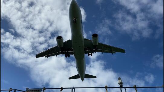 4K蓝天白云飞机低空从头顶飞过高清在线视频素材下载