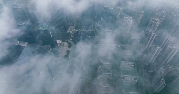 成都高新区航拍风景透过薄雾看城市