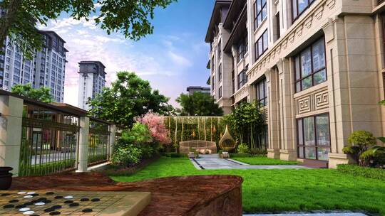 新中式房地产高档小区楼盘3D漫游建模