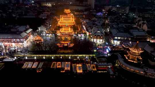 冬天南京夫子庙的雪景夜景航拍风光视频素材模板下载