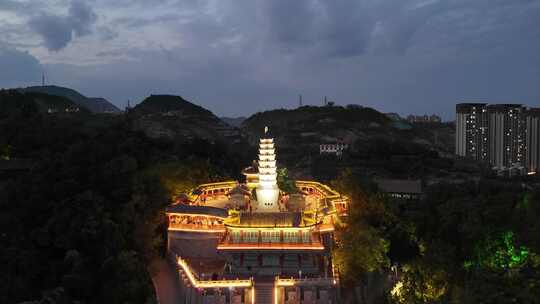 甘肃兰州白塔山公园兰州白塔寺夜景航拍