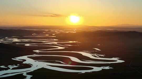 若尔盖黑河黄河九曲河湾夕阳4k航拍