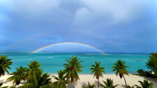 延时拍摄海边沙滩海浪椰子树海上彩虹蓝天