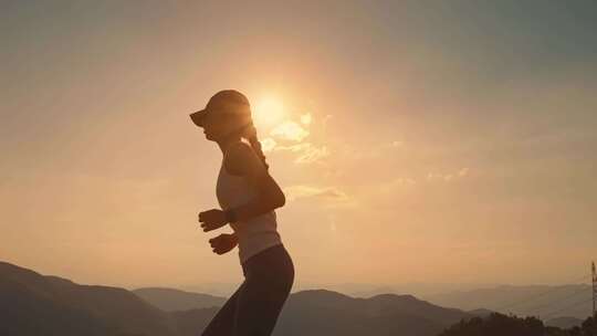 年轻人向着太阳奔跑日出山顶跑步