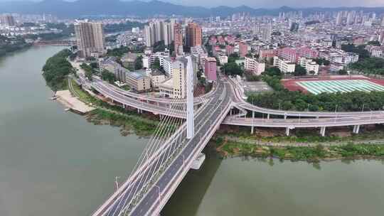 航拍福建龙岩上杭县县城汀江大桥