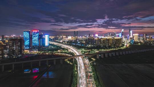 杭州萧山经济开发区夜晚延时航拍