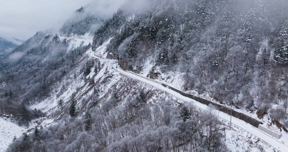 自驾车从宝兴前往夹金山的积雪山路航拍