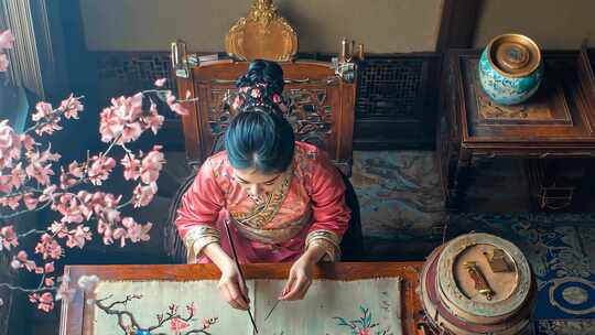 传统服饰中国绘画 女子绘画创作艺术氛围古