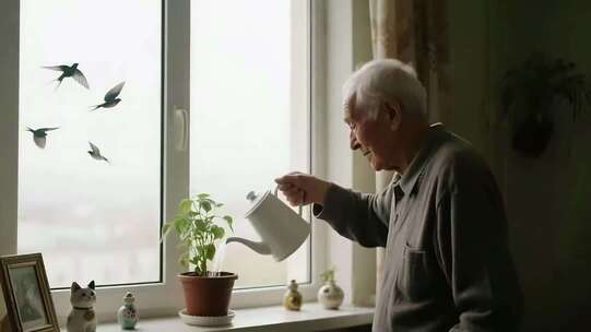 老人窗边浇花画面