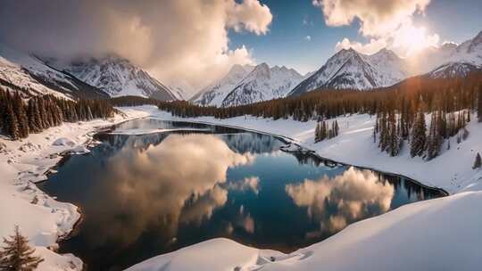 冬季雪山森林湖泊美景