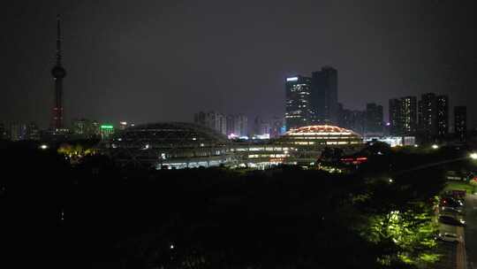 广东佛山城市地标建筑夜景灯光航拍