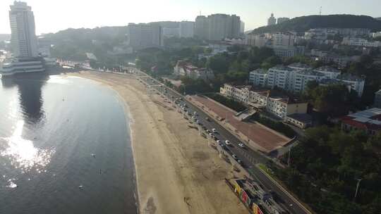 航拍山东烟台海岸线日出沿海风景