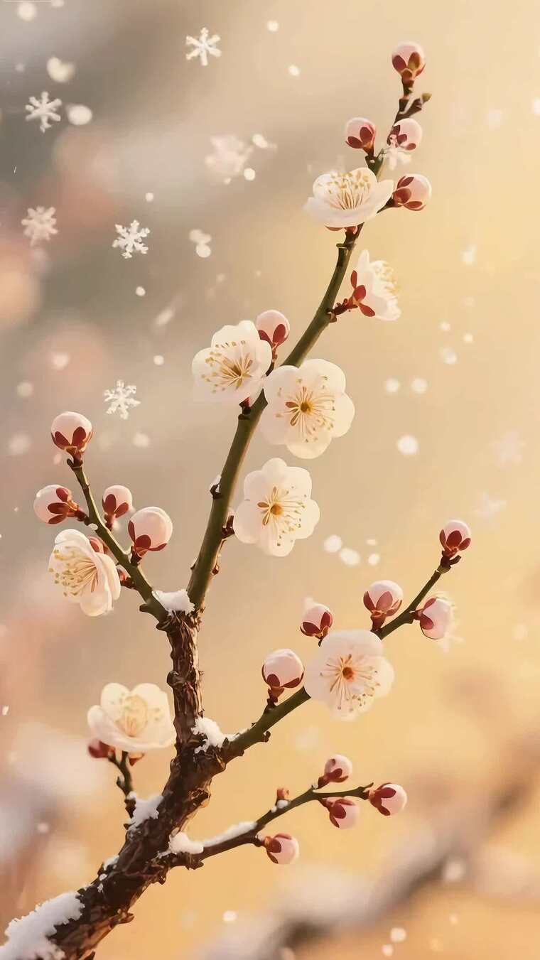 雪中绽放的梅花特写