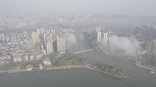 航拍衡阳石鼓书院湘江平流雾