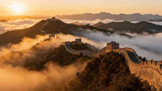 航拍长城日出云海壮丽山河风光视频