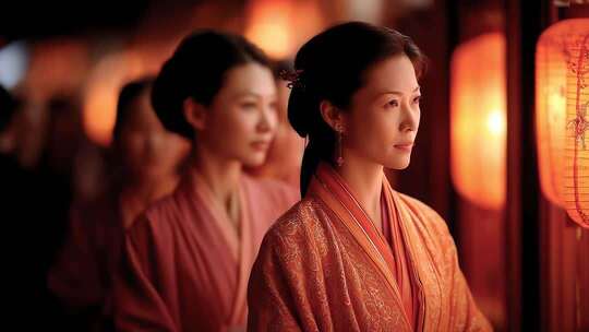 唐朝仕女红灯笼下祈福的唯美瞬间