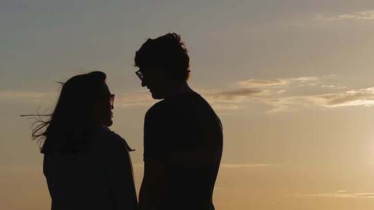 夕阳背景下的浪漫情侣剪影视频素材模板下载