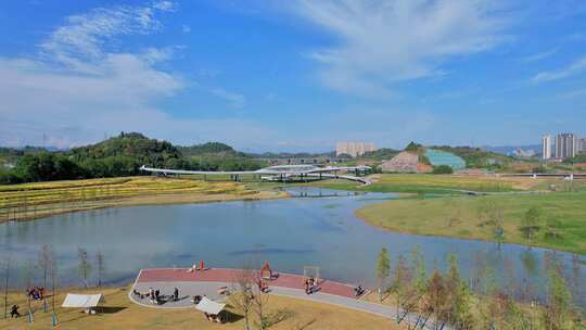 一镜到底从卷桥河公园看城市风景