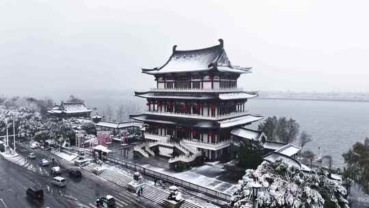 长沙城市大雪纷飞杜甫江阁雪景