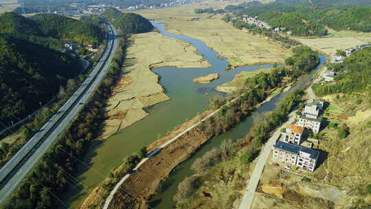 乡村田野河流公路航拍