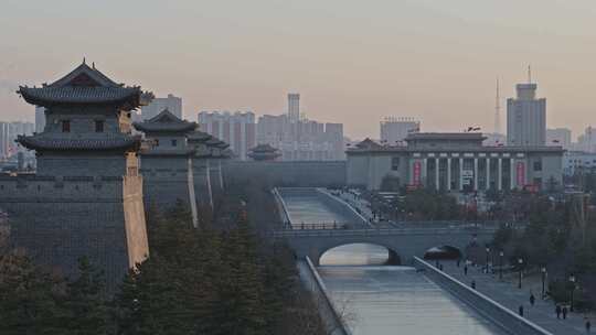 大同古城墙下城市风光的冬日景象