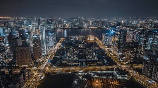 浙江杭州钱江新城夜景航拍延时