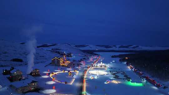 鸟瞰寒冬冰雪欢乐谷雪夜灯光