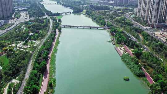 航拍郑州贾鲁河河道城市水系生态建设