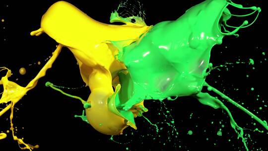 绿色黄色液体颜料碰撞泼洒飞溅