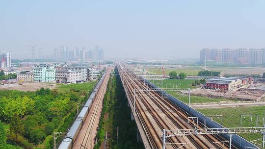 航拍杭州萧山开发区高速电气化铁路