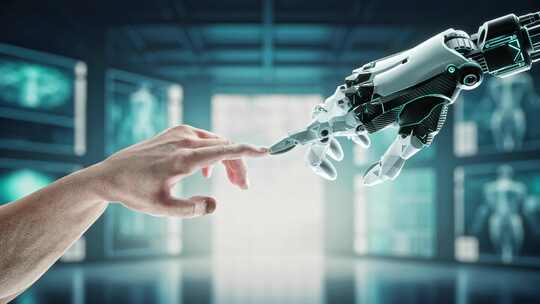 4K-一只手触碰人工智能机器人 的手指
