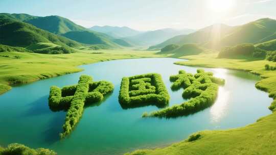 山水间绿植构成中国梦字样