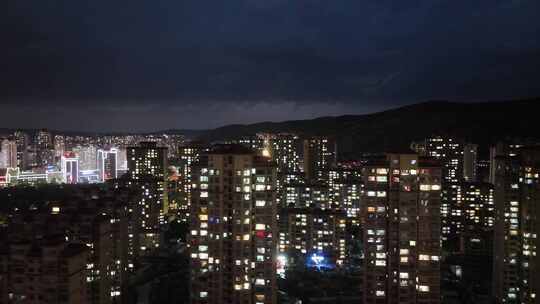 甘肃定西城市夜景电闪雷鸣航拍