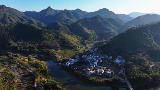 广东梅州永定客家土楼群建筑花萼楼高空航拍