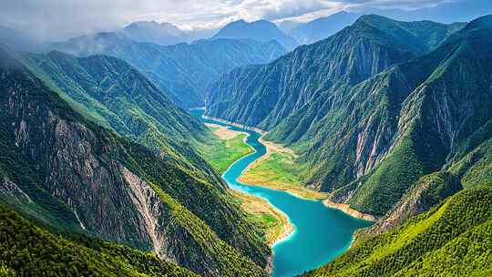 航拍峡谷河流自然风景生态旅行