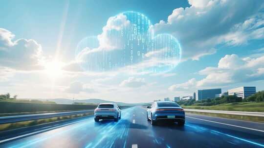 公路上行驶汽车与数据云画面