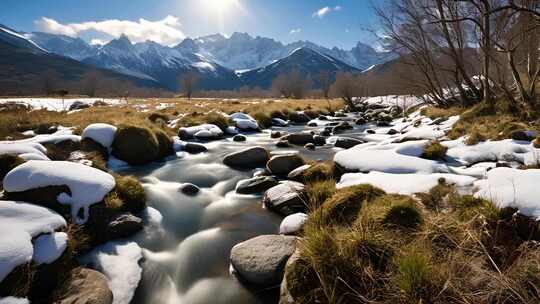 雪山下溪流冬日风光