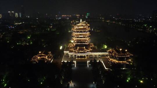 航拍山东济南大明湖5A景区超然楼夜景