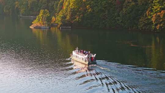 秋天湖上游船航拍