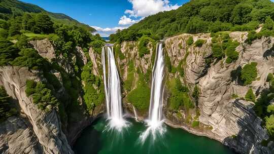 空中俯瞰山间双瀑布美景