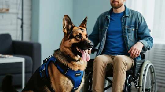 坐轮椅男子与宠物犬室内场景
