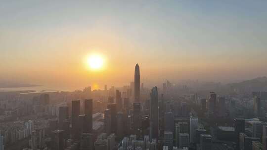 深圳福田区市中心航拍平安大厦夕阳黄昏日落