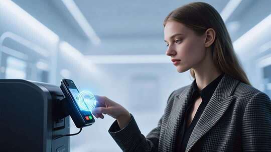 女性使用手机进行指纹支付