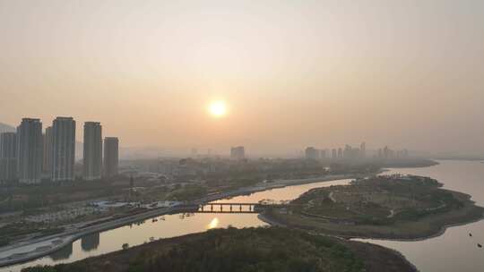 厦门马銮湾公园日落航拍湿地公园海沧区夕阳