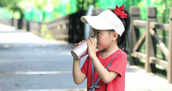 炎热夏天小女孩在户外用水杯喝水