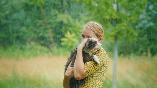 抱着小狗的中年妇女站在倾盆大雨中