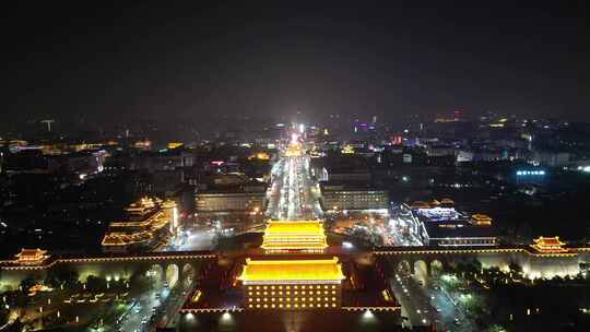 航拍陕西西安城墙永宁门城楼夜景