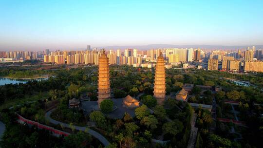 航拍山西太原地标建筑永祚寺双塔